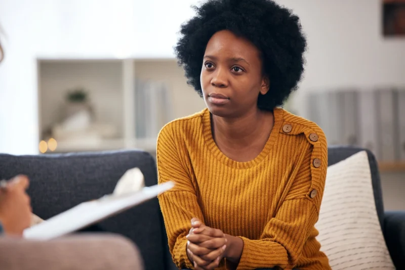 A person participates in therapy for depression.